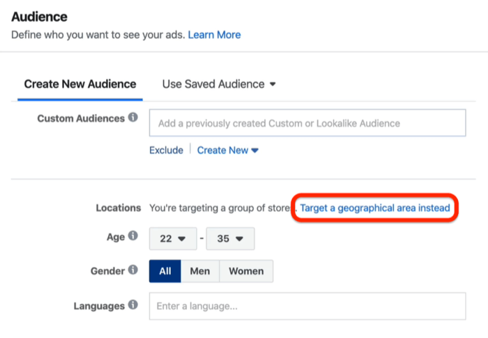 Вместо това насочете към географска област в Facebook Ads Manager
