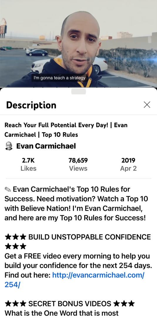 изображение на видеото на Evan Carmichael в YouTube и описание в мобилно приложение