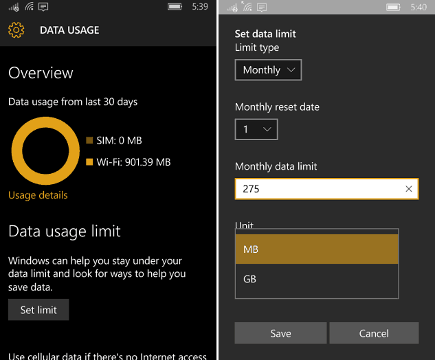 Използване на данни Windows 10 Mobile
