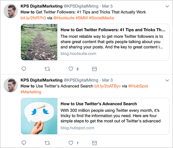 Това е екранна снимка на автоматични туитове от @KPSDigitalMarketing, публикувани на 3 март и 5 март. Тези туитове се появяват преди Дан Ноултън да спре да автоматизира туитовете. Туитовете следват формула, която ги прави разпознаваеми като маркетингови туитове: заглавие на статията, кратка връзка, думата „чрез“ плюс дръжката на Twitter на автора на статията и след това някои хаштагове. Първият туит е към статия, озаглавена „Как да получите последователи в Twitter: 41 съвета и трикове, които всъщност работят“. Втората е към статия, озаглавена „Как да използвам разширеното търсене на Twitter“.