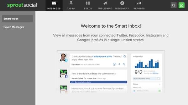 Sprout Social предлага интелигентна пощенска кутия, която ви позволява да преглеждате съобщения от множество социални профили на едно място.