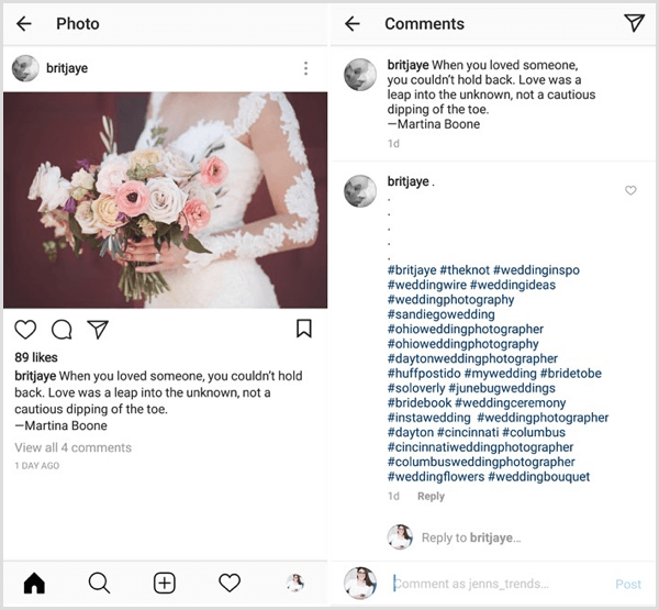 пример за публикация в Instagram с комбинация от хаштагове на съдържание, индустрия, ниша и марка