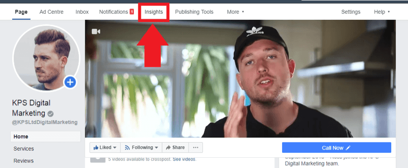 Маркетингова стратегия в социалните медии; Екранна снимка откъде да получите достъп до Facebook Insights на вашата Facebook страница.