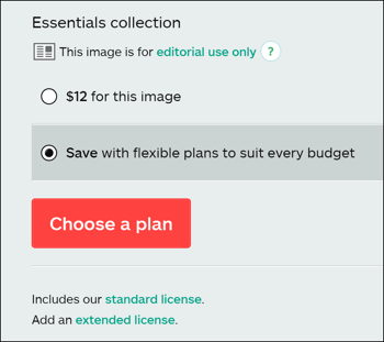 Услугата за стокови изкуства може да ви позволи да изберете кой тип лиценз за изображения ви е необходим.
