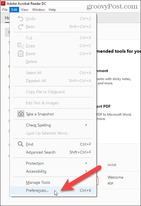 Изберете Предпочитания в менюто Редактиране в Adobe Acrobat Reader