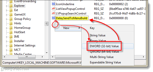 Забавяне на създаването на dword от менюто в Windows 7
