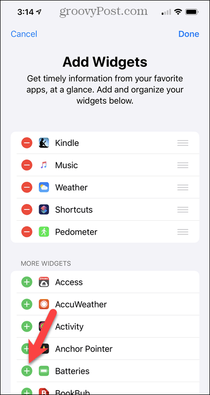 Добавете джаджа Батерии към екрана на iPhone Widgets