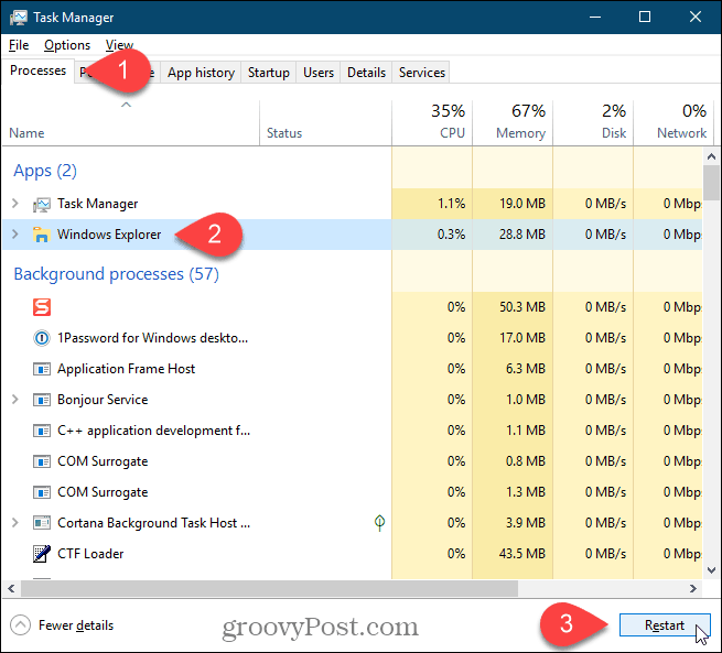Изберете процеса на Windows Explorer и щракнете върху Рестартиране в Windows 10