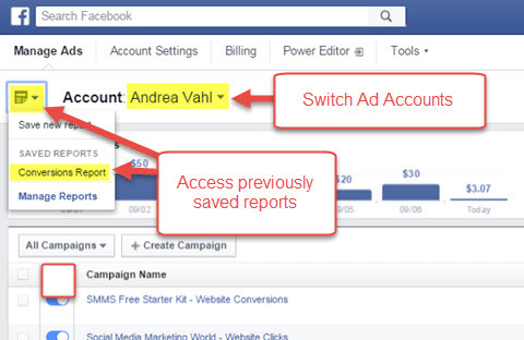 Facebook мениджър реклами запазени отчети