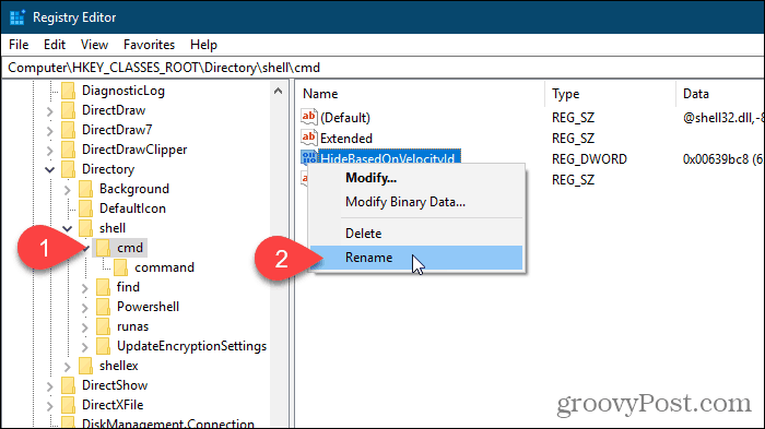 Изберете Преименуване на стойността HideBasedOnVelocityId в редактора на системния регистър на Windows