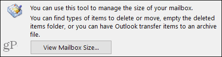 Преглед на размера на пощенската кутия в Outlook