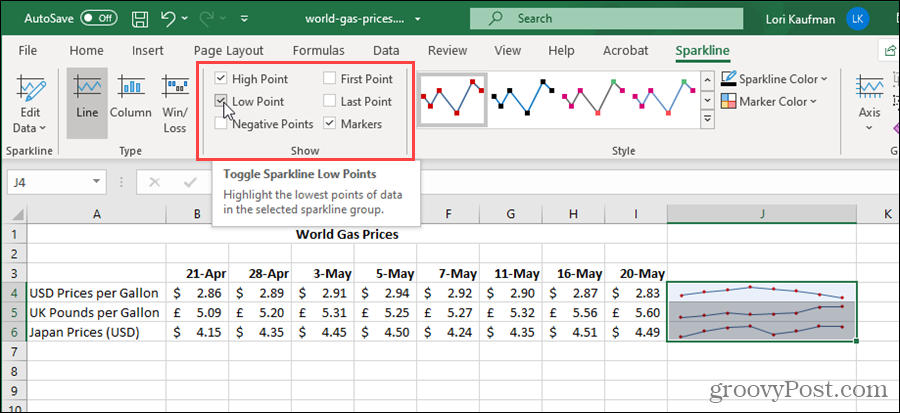 Показване на опциите за Sparklines в Excel
