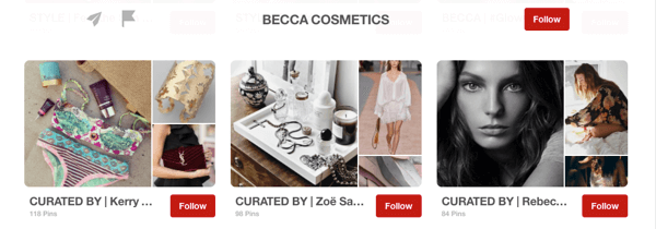 Пример за дъски за гости в Pinterest, подготвени от влиятелни лица за Becca Cosmetics.