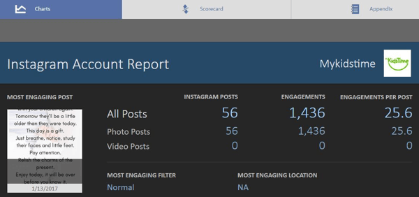 Това е основният екран на безплатния отчет за просто измерване на Instagram.