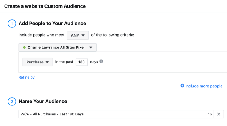 създайте персонализирана аудитория от посетители на уебсайта на Facebook, които са закупили през последните 180 дни