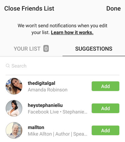 Възможност за щракване върху Добавяне, за да добавите приятел към списъка си с близки приятели в Instagram.