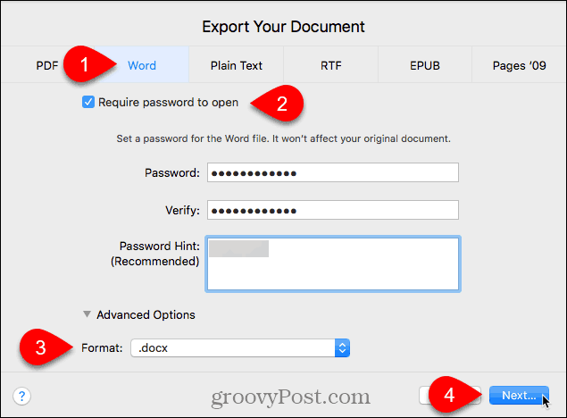 Експортирайте диалоговия прозорец на документа в Страници за Mac