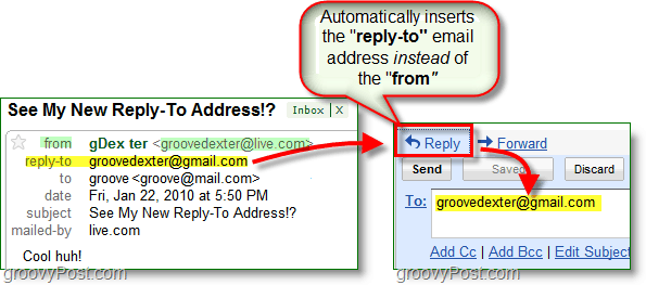 когато зададете имейл адрес за отговор, той изпраща всички отговори на вашия алтернативен адрес