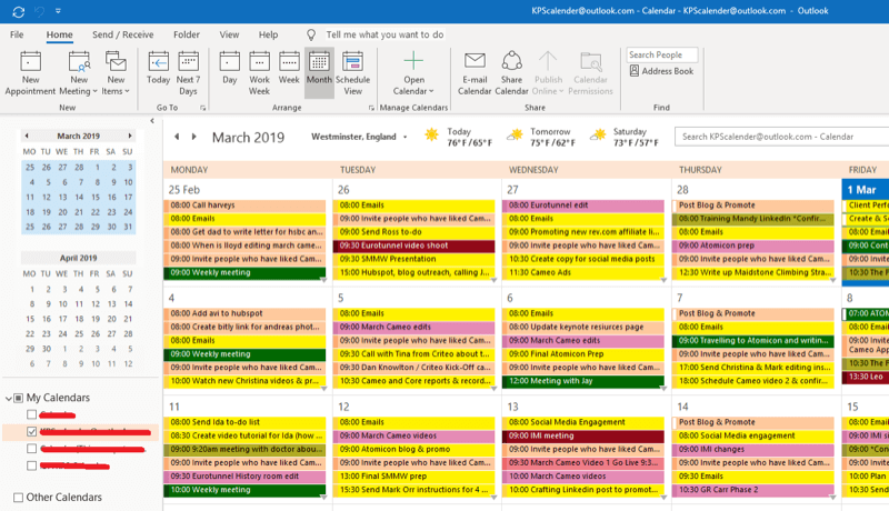 Маркетингова стратегия в социалните медии; Екранна снимка на нашия Outlook календар, за да покажем как планираме всяко действие за внедряване, за да гарантираме, че то ще бъде направено.