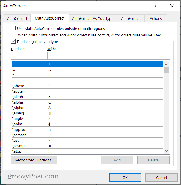 Автоматична корекция на математиката в Word на Windows