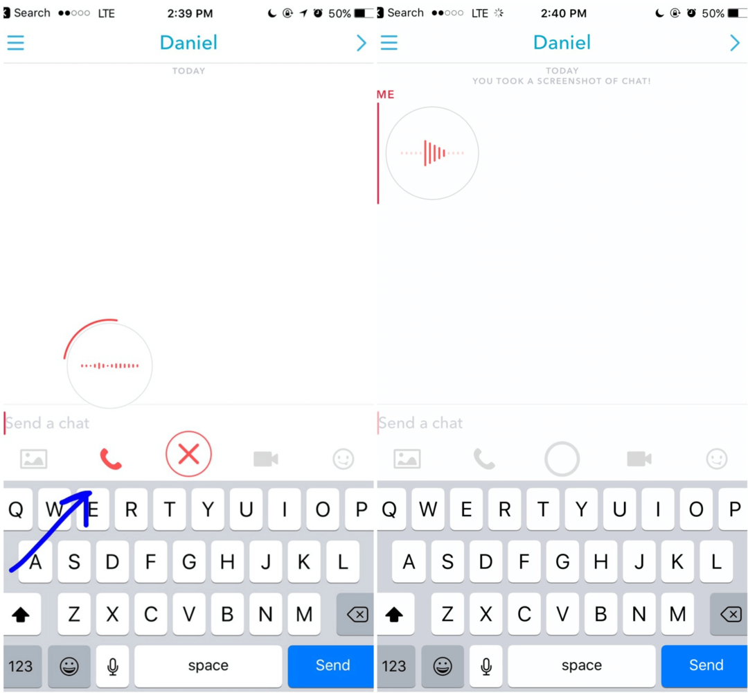 В Snapchat задръжте иконата на телефона, за да запишете гласово съобщение, което вашият клиент ще види следващия път, когато влезе.