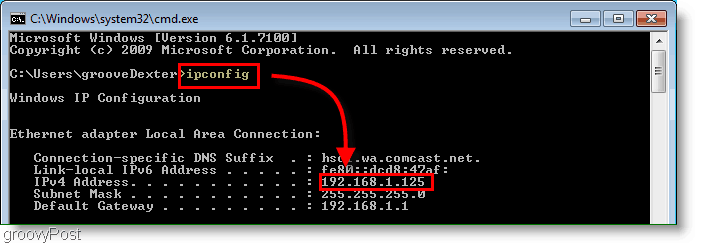 Снимка на екрана - Пуснете IPConfig в Windows Command Window