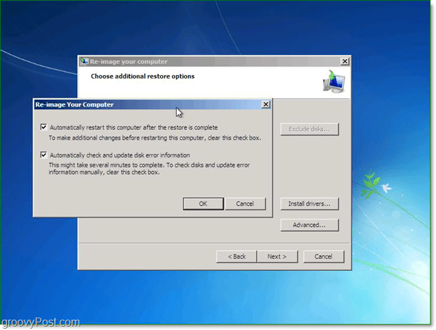 използвайте разширените опции, за да персонализирате възстановяването на системния образ на Windows 7