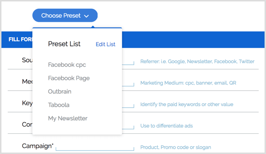 Предварително зададени разширения за Chrome на Google URL Builder