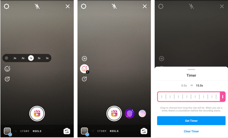 екранни снимки, показващи опцията и настройките на таймера на барабана на Instagram 