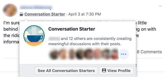 Как да подобрите вашата общност на групата във Facebook, пример за значката на групата на Facebook „Разговор за начинаещи“ до името на членовете на групата и изскачащия прозорец, идентифициращ други членове на групата, които споделят тази значка