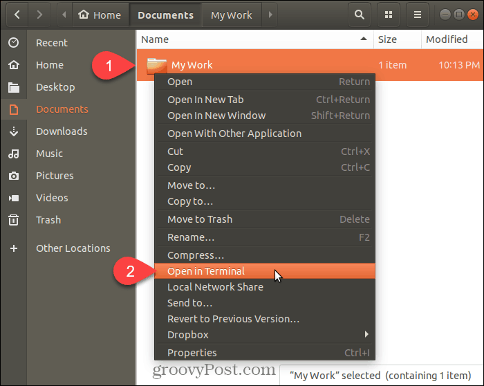 Изберете Отваряне в терминал в Ubuntu Linux