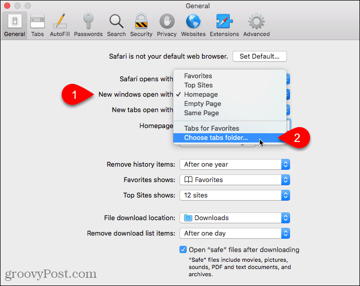 Изберете Изберете папка с раздели за Нови прозорци, отворени с настройка в Safari на Mac