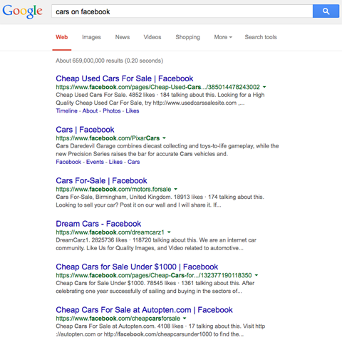 резултати от търсенето в Google за автомобили във Facebook