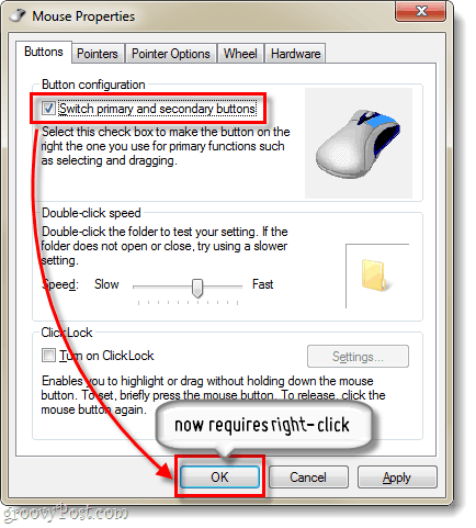 превключване на основните бутони на мишката на Windows