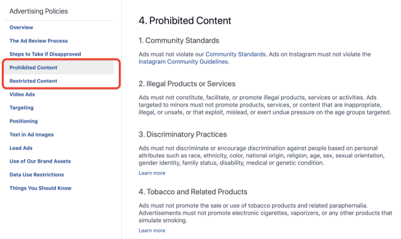 Раздел за забранено съдържание в политиките за реклама на Facebook