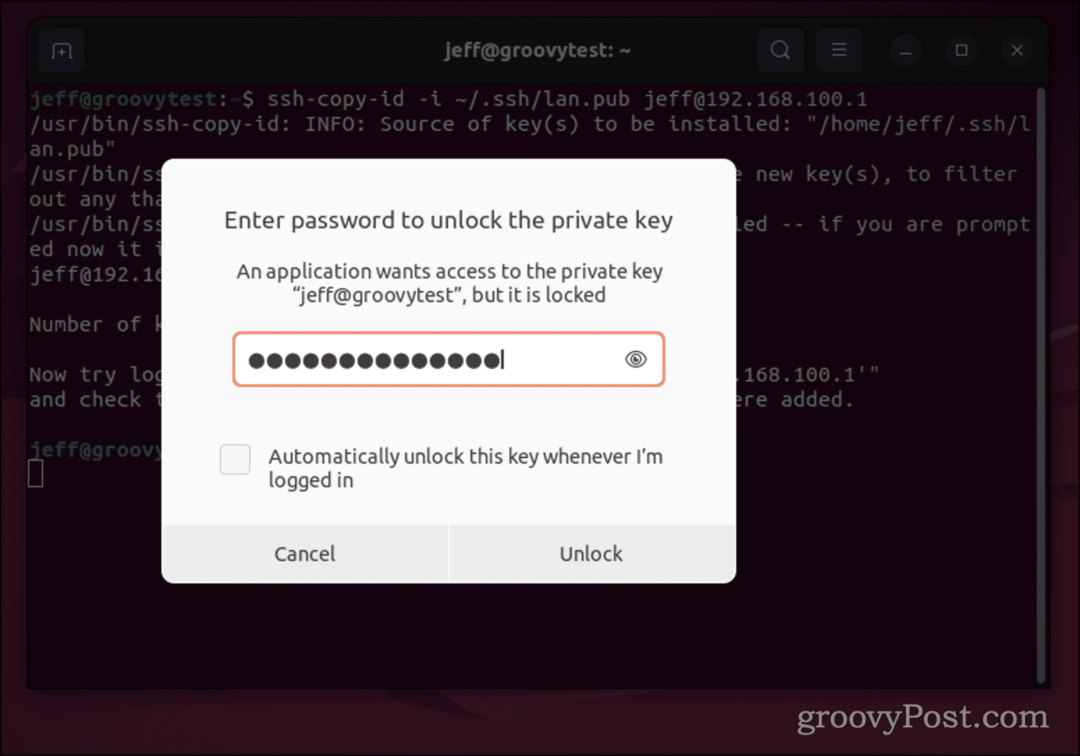 Диалогов прозорец за парола на Ubuntu за SSH ключ