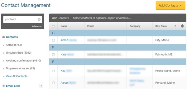 образец за управление на контакти, сегментиран имейл списък