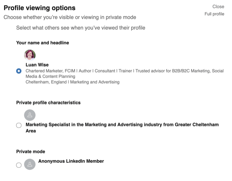 Опции за преглед на профил в настройките за поверителност на LinkedIn