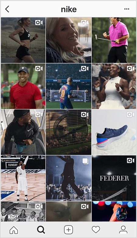 Публикациите на Nike в Instagram включват мрежа от спортисти, облечени в екипировка на Nike, но малко изображения в емисията имат текст.