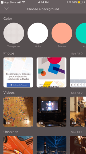 Създайте история над Instagram, стъпка 2, показваща опции за фон.