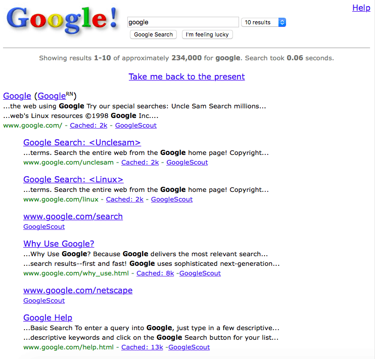 Петък забавление: Върнете се към Web 1.0 от Googling "Google през 1998 г."