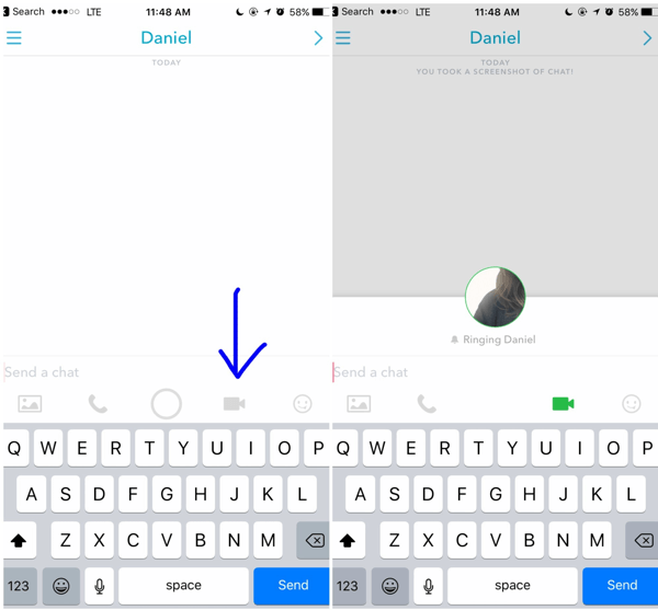 За да осъществите видеообаждане на Snapchat, докоснете иконата за видео в отворения разговор с клиент.