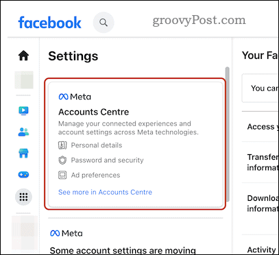 Отворете опциите на Facebook account center