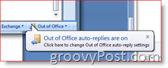 Долен десен ъгъл на Outlook 2007 - Напомняне за активирани автоматични отговори извън офиса