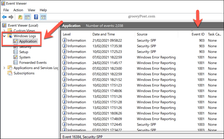 Списък на регистрационните файлове на приложения на Windows в Event Viewer