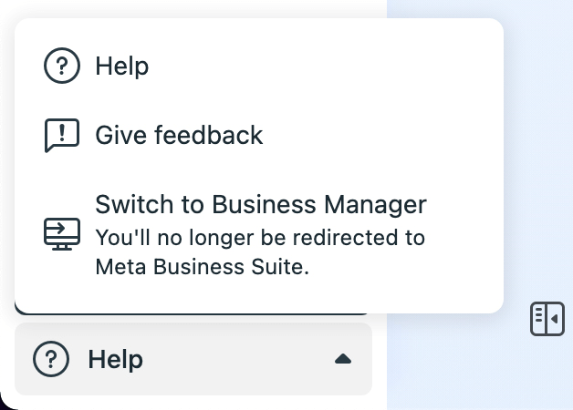 изображение на опцията Превключване към Business Manager в Meta Business Suite