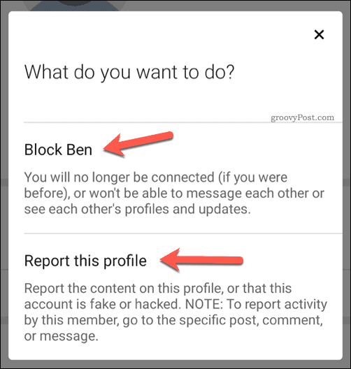 Избор да блокирате или подадете сигнал за потребител в LinkedIn