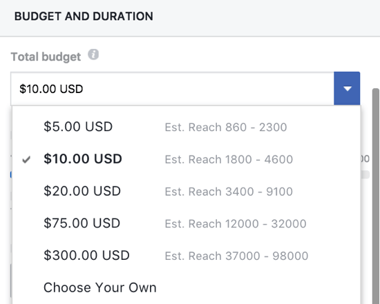 Можете ръчно да зададете бюджет за вашата подсилена публикация във Facebook.