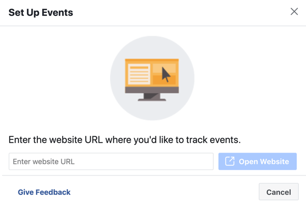 Използвайте инструмента за настройка на събития във Facebook, стъпка 3, въведете URL адреса на уебсайта, за да инсталирате пикселно събитие