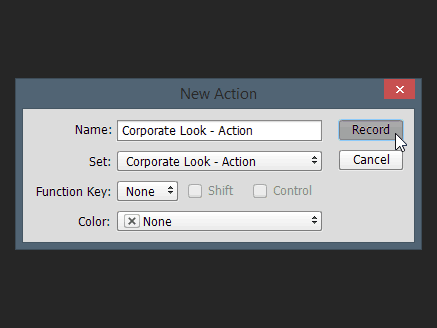 нов диалогов прозорец за действие Име на Photoshop набор от функции функционален клавиш цвят запис запис действие партида редакция